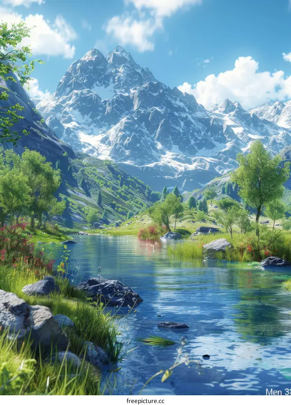 Snow-Capped Mountains and Lush Valley with River