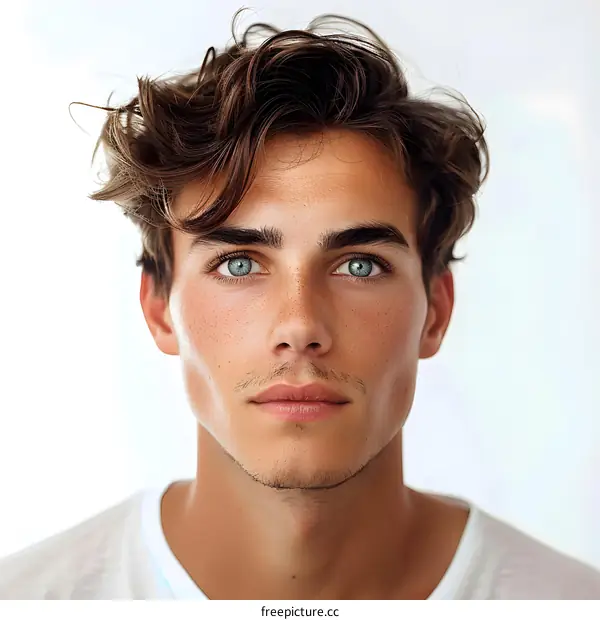 Portrait of a handsome young man with blue eyes and brown hair