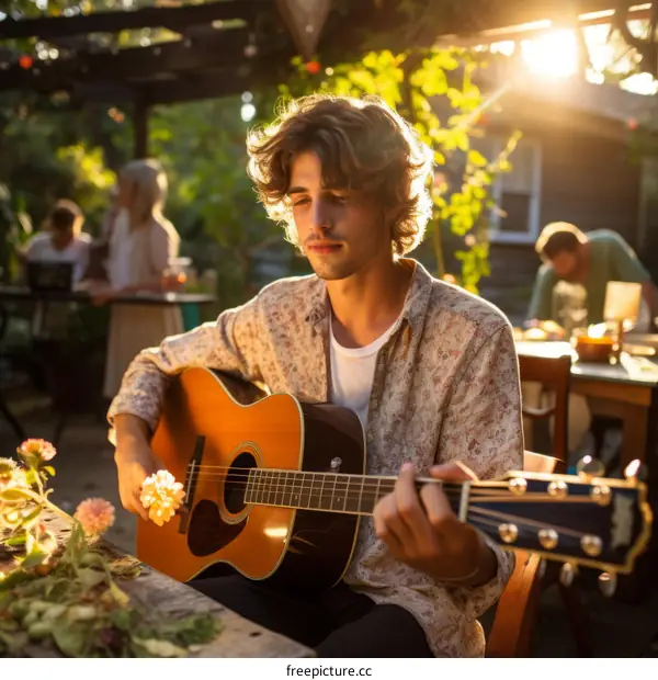 Young man playing guitar in a backyard