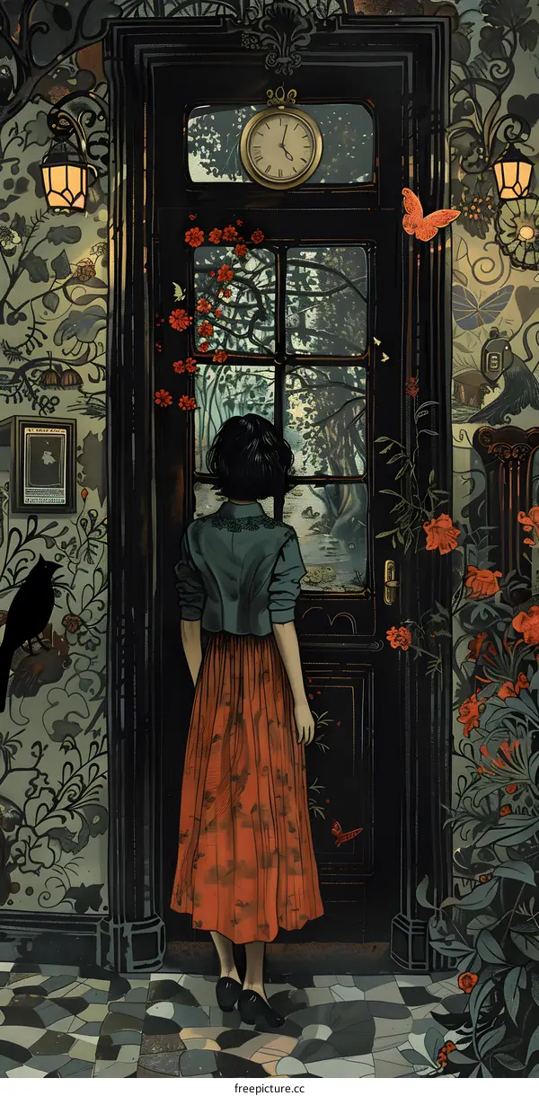 girl opening mysterious door to another world