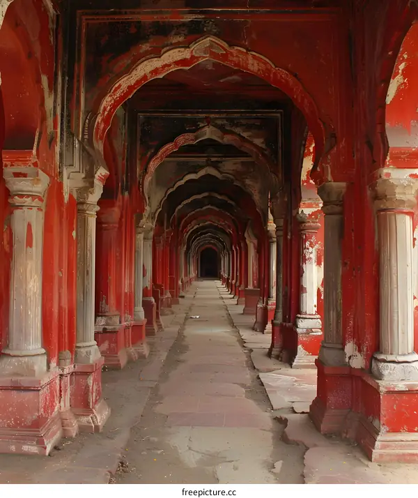 Long red arched hallway with stone columns