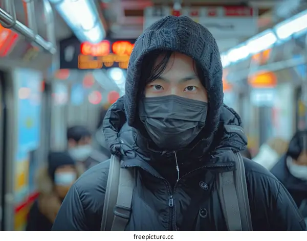 A young man wearing a mask on a subway train