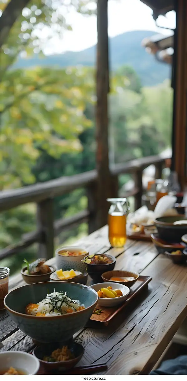 A wooden table with a variety of food on it, including rice, soup, and vegetables