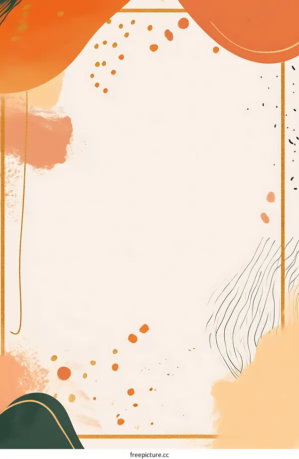 Abstract Art Background with Gold Frame and Orange and Green Splashes