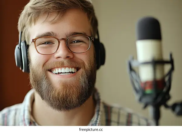 Close Up Portrait of a Caucasian Man Recording Podcast