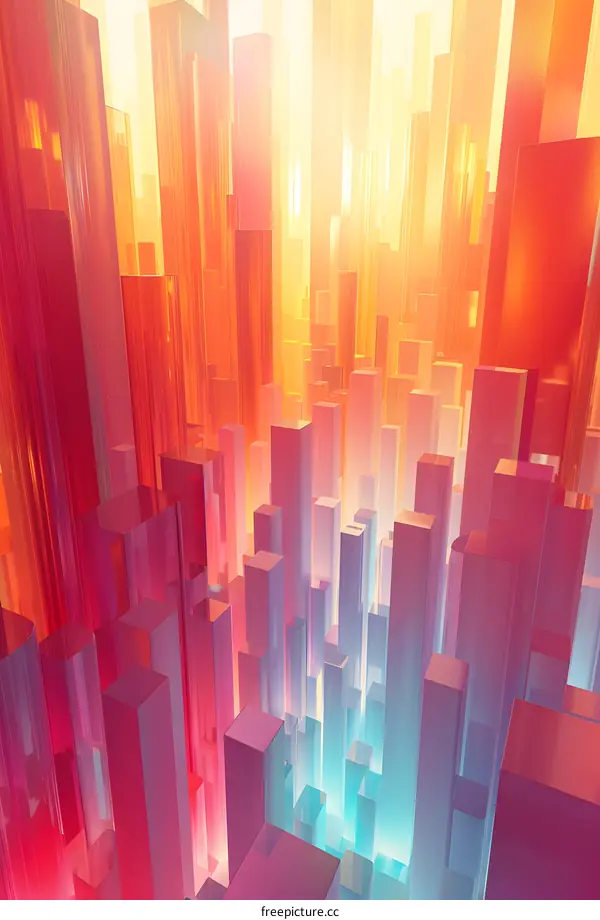 3D rendering of a city made of glass with warm colors