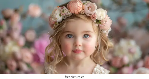 Little girl with wreath of flowers on her head