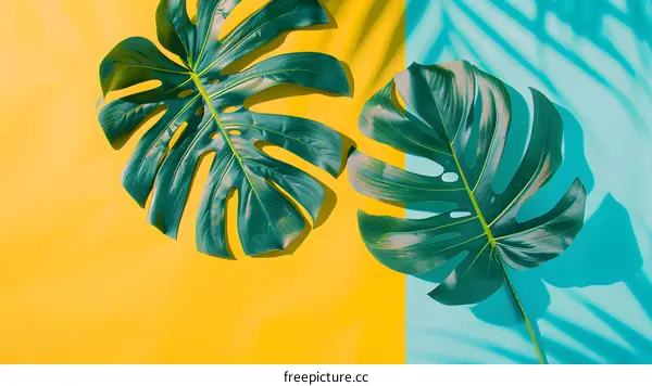 Tropical Leaf Background with Yellow and Blue
