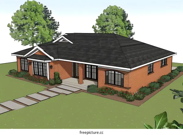 A brick house with a black roof and a white door