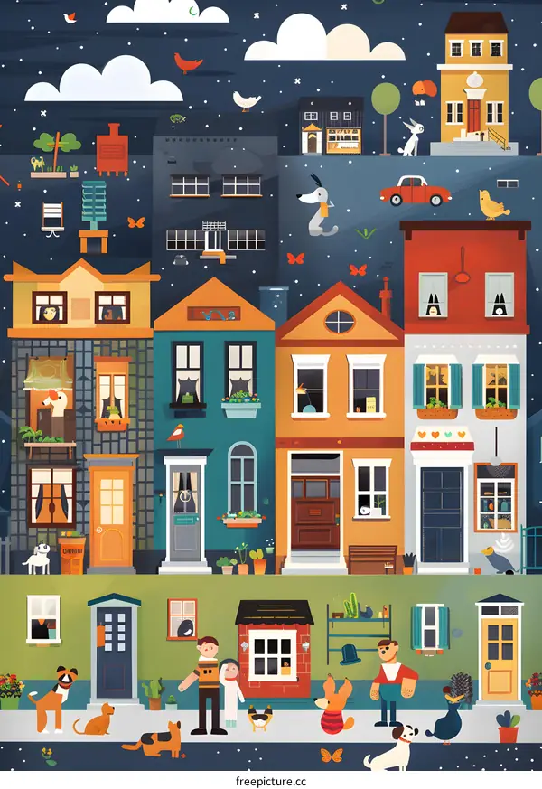 Colorful Nighttime Neighborhood With Houses, People, and Animals