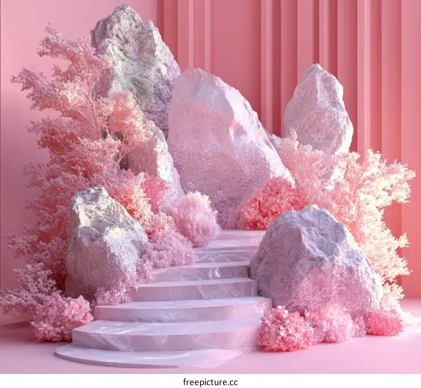 Pink Pastel Scene with Rocks and Plants