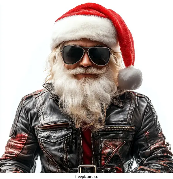 Santa Claus in a biker jacket and sunglasses