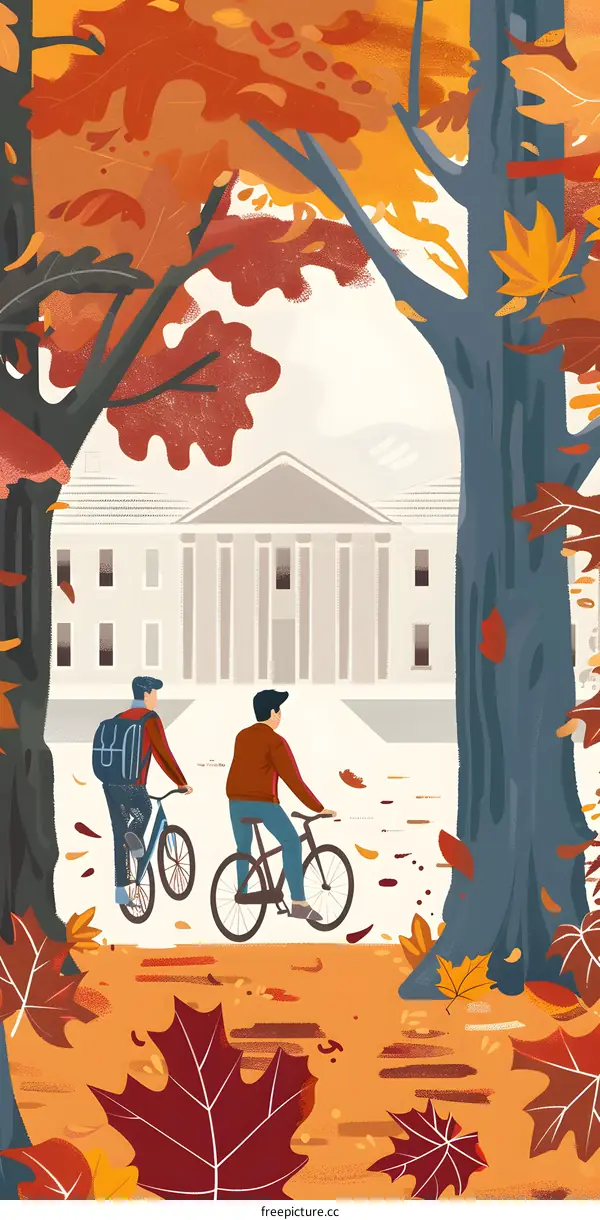 Autumn Leaves and Two Men on Bikes Near a Building
