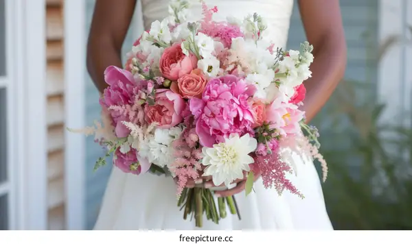 A bride holding a bouquet of pink and white flowers
