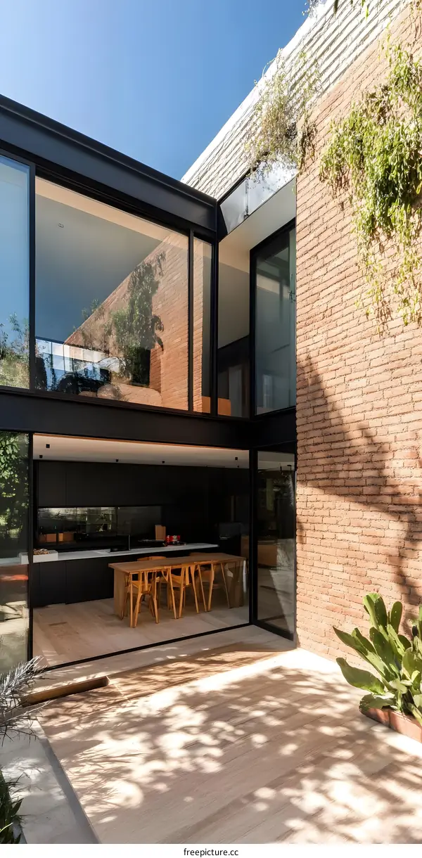 Modern House with Brick Wall and Glass Doors