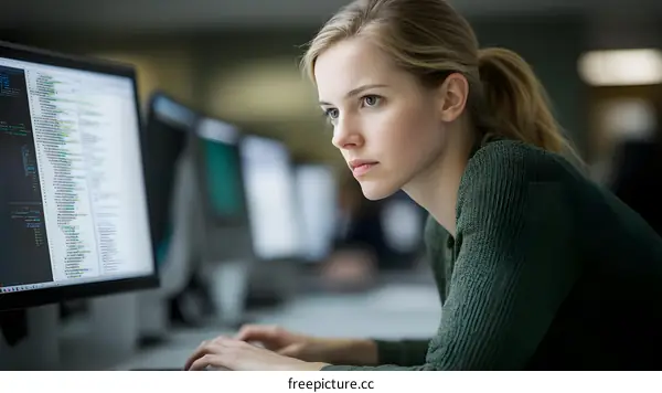 Woman Working on a Computer, Focused on Code