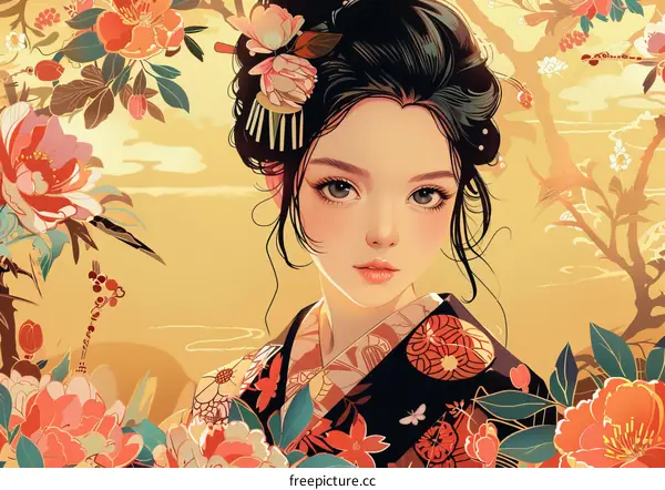 A beautiful Japanese woman in a kimono standing in a field of flowers.