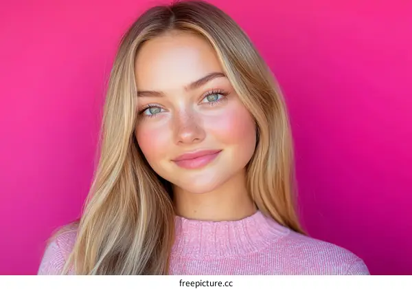 Beautiful Woman Portrait Against a Vibrant Pink Background
