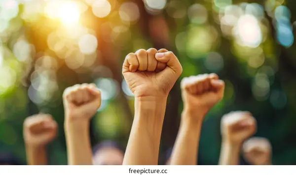 A group of people raising their fists in the air