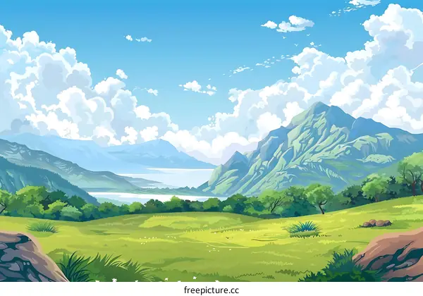 Green Landscape With Mountains And Clouds