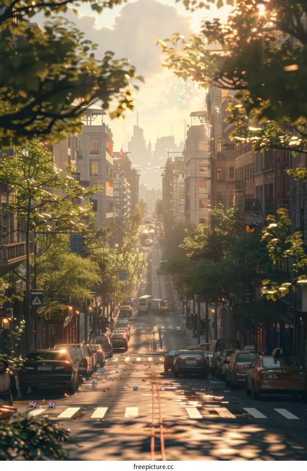 City Street at Sunrise Illustration