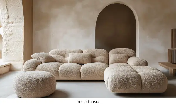Beige Sectional Sofa and Pouf in Modern Living Room