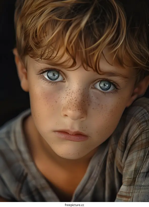 Portrait of a boy with freckles and blue eyes