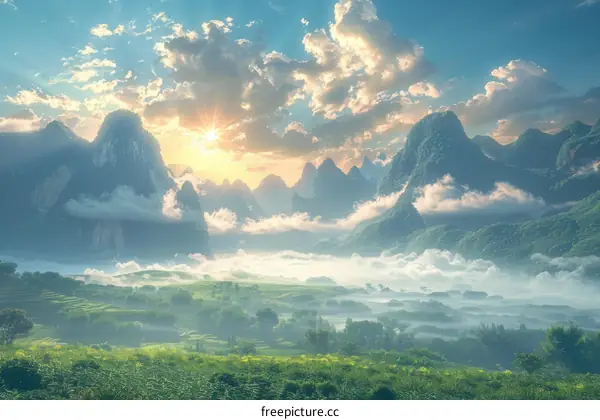 Misty Mountain Sunrise Over Verdant Rice Terraces