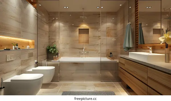 Modern Beige Bathroom Design with Wooden Cabinets