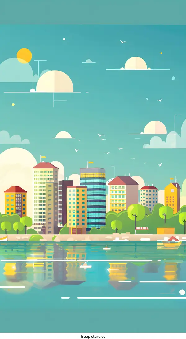 Cityscape Illustration with River and Blue Sky