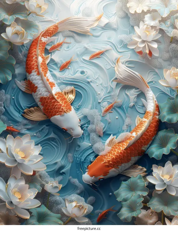 Two koi fish in a pond with water lilies