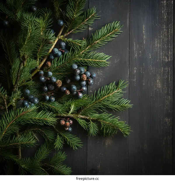Blue juniper berries and pine branches on a dark wooden background