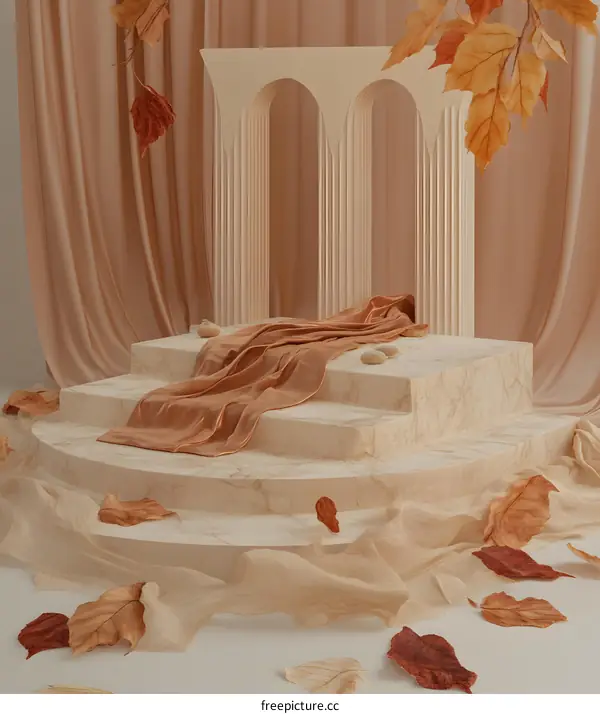 Minimalist Autumn Background With Marble Podium And Dried Leaves