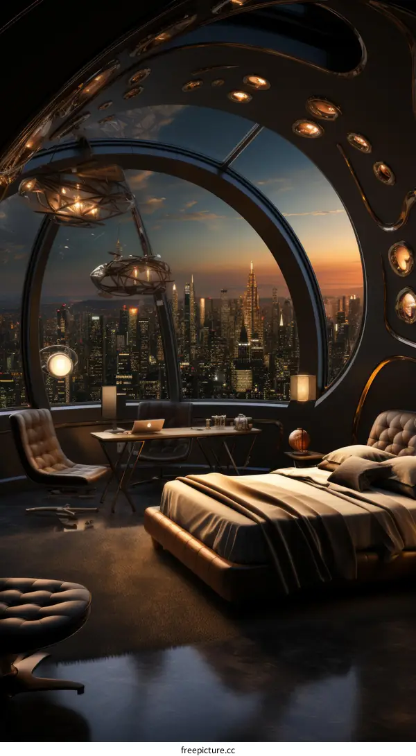 Modern Futuristic Bedroom with City Skyline View
