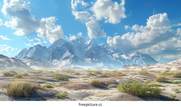 Sweeping Desert Oasis with Distant Mountains