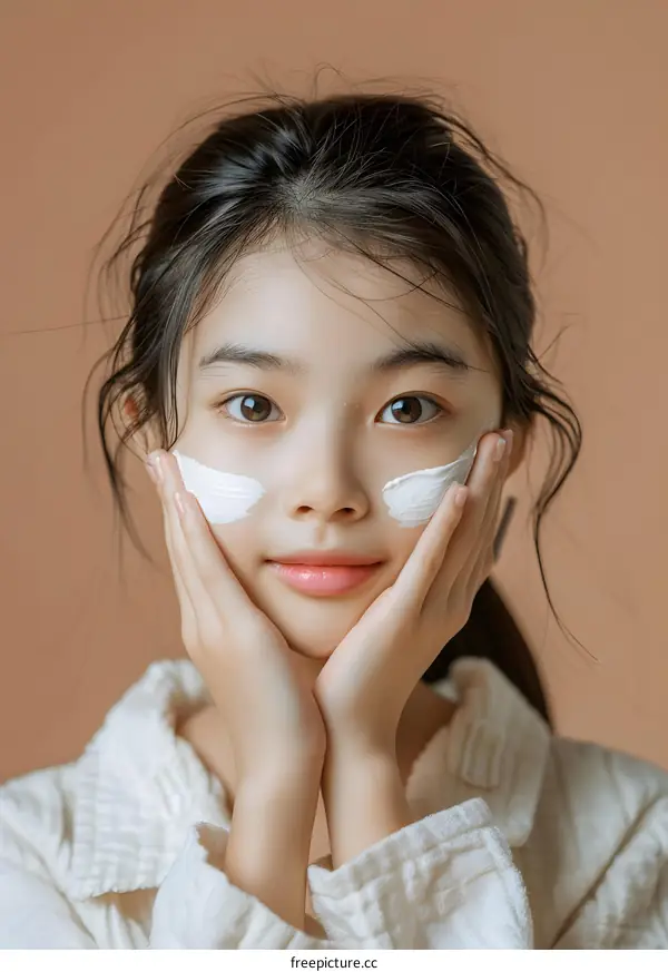 Young Asian Woman Applying Face Mask on Skin