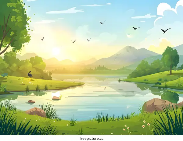Beautiful Summer Landscape with Lake and Mountains