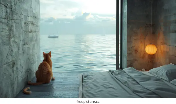 Orange cat looking out at the ocean from a bedroom