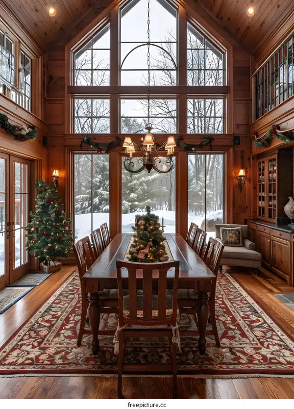 Rustic Wooden Dining Room With Christmas Decorations