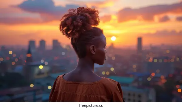 A young woman of African descent gazes out over a cityscape at sunset