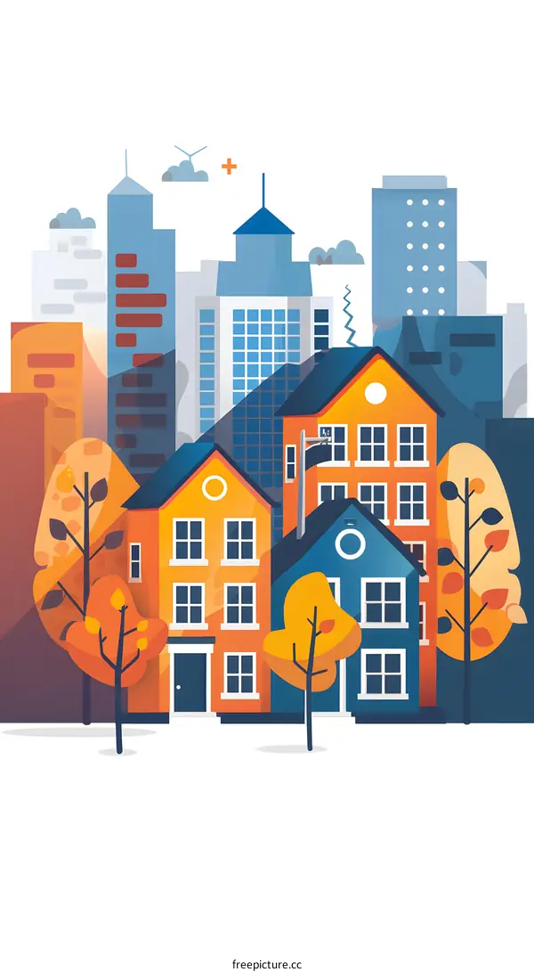 Colorful Cityscape with Buildings and Trees