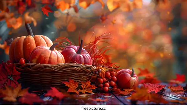 Pumpkins and red leaves