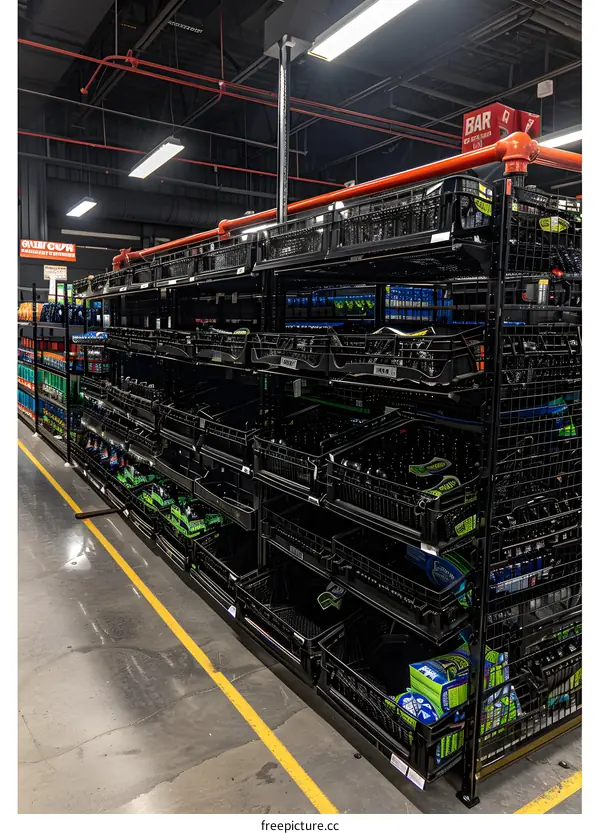 Black Wire Shelving Units In Grocery Store Aisle