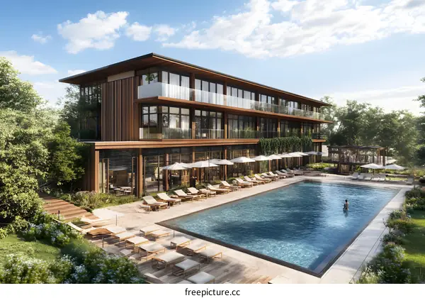 Luxury Hotel with Outdoor Pool and Lounge Chairs