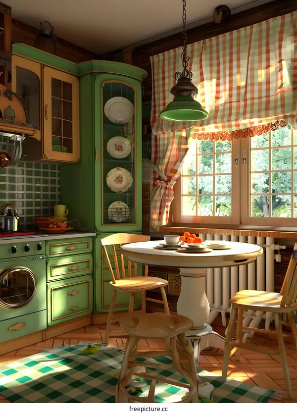 Green and Yellow Kitchen with Checkered Curtains and Table Set