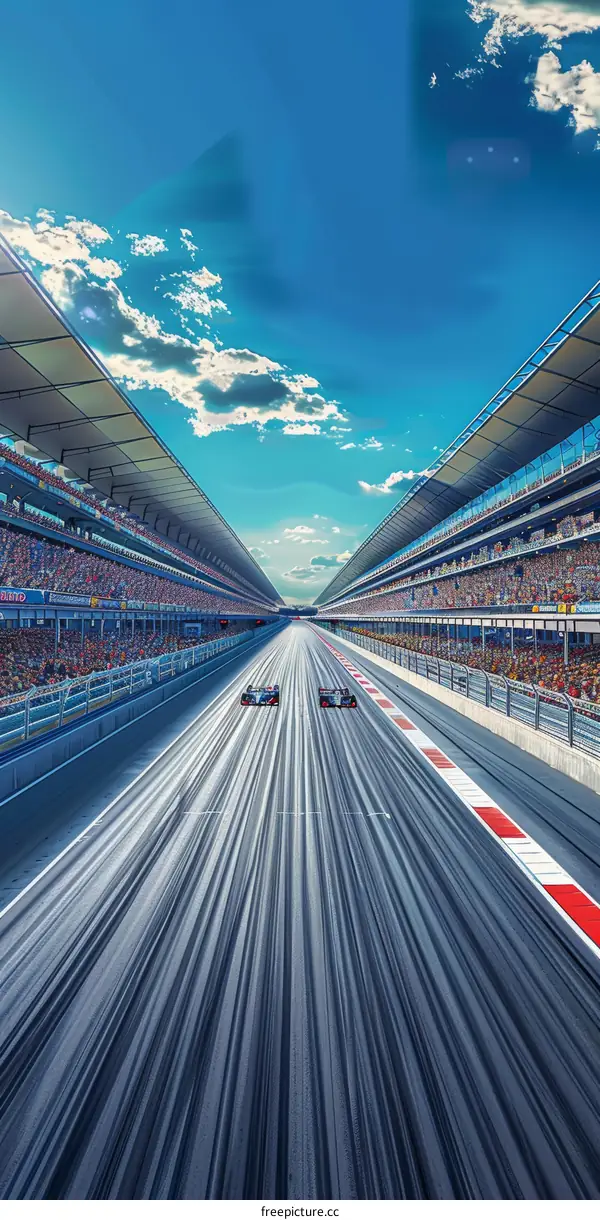 Formula One cars racing down a track with stadium seating on either side