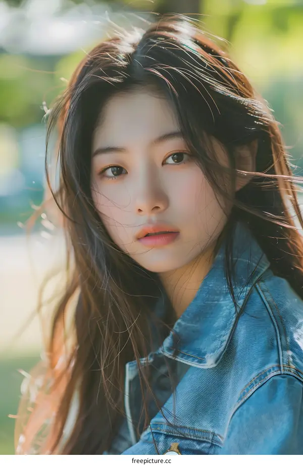 Portrait of a Young Asian Woman in a Denim Jacket