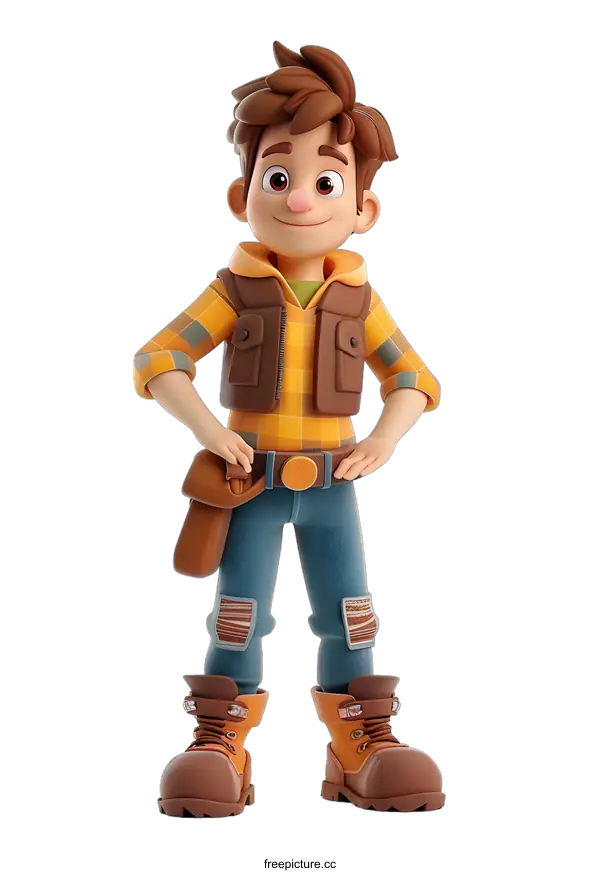 [Transparent Background PNG]A 3D rendering of a cartoon character of a boy wearing a yellow vest and blue jeans.
