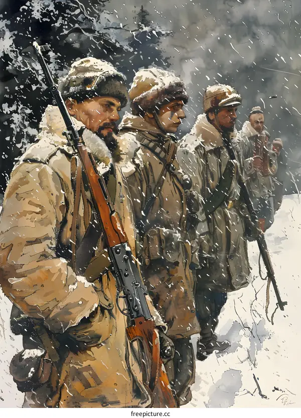 Soviet soldiers in winter gear during World War II