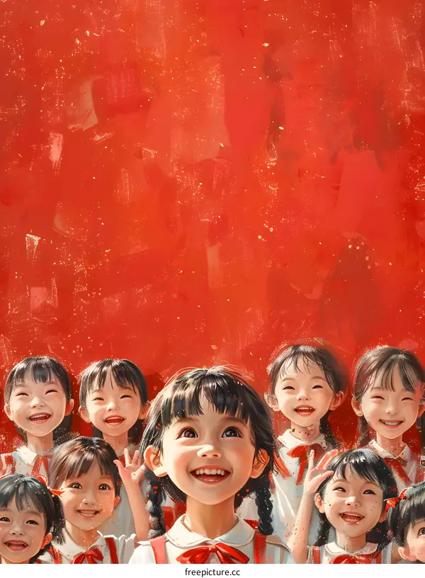 A group of happy school girls in red uniform looking up at something